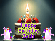 Happy Birthday Zach GIF: An animated gif with 2 unicorns and a birthday candle on a cake.