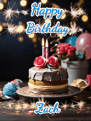 Happy Birthday Zach GIF: Sparkles and glitter happy birthday gif with a cake and flickering candles and sparklers behind the words happy birthday customize