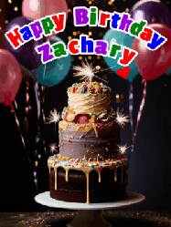 Happy Birthday Zachary GIF: Beautiful birthday cake animated gif, a celebration of balloons, confetti, and sparklers. Customize banner and name.