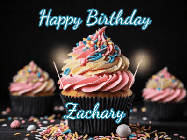 Happy Birthday Zachary GIF: A delicious cupcake gif with animated sparkles reading Happy Birthday with a name to customize
