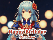 Happy Birthday Zachary GIF: Anime girl holding a birthday cake and an animated sword falls into it. Text reads Happy Birthday Customize
