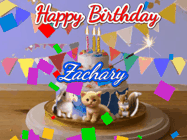 Happy Birthday Zachary GIF: Happy Birthday Cake GIF with a cat, lamb, and squirrel on the cake with flickering candles, a sparkler, and falling confetti. Reads Happy Birthday Name and you can customize the name