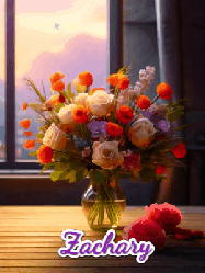 Happy Birthday Zachary GIF: A vase of flowers and animated hearts pop in and out as the words Happy Birthday Name appears that you can customize