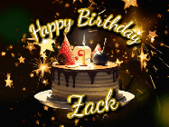 Happy Birthday Zack GIF: Bursting stars fall past a birthday cake in this animated birthday gif with name you can customize. Dark background.