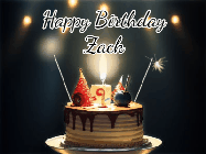 Happy Birthday Zack GIF: Animated birthday cake gif with sparklers on a dark background. Personalize up to 3 lines of text.