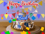 Happy Birthday Zack GIF: Happy Birthday Cake GIF with a cat, lamb, and squirrel on the cake with flickering candles, a sparkler, and falling confetti. Reads Happy Birthday Name and you can customize the name