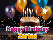Happy Birthday Zarina GIF: A birthday cake with flickering candles gif with text reading Happy Birthday and a Name slot to customize