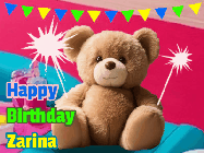 Happy Birthday Zarina GIF: A cute birthday teddy bear animated birthday gif with the bear holding sparklers and text to customize.