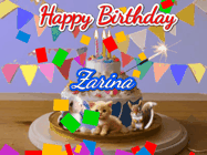 Happy Birthday Zarina GIF: Happy Birthday Cake GIF with a cat, lamb, and squirrel on the cake with flickering candles, a sparkler, and falling confetti. Reads Happy Birthday Name and you can customize the name