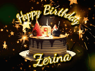 Happy Birthday Zerina GIF: Bursting stars fall past a birthday cake in this animated birthday gif with name you can customize. Dark background.