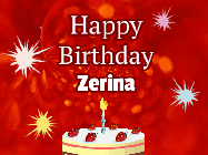 Happy Birthday Zerina GIF: A bright red happy birthday gif animated with a cake candle, and glitter and sparkles. Customize with name.