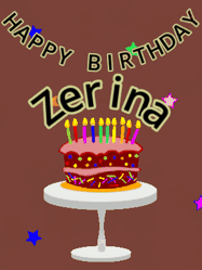 Happy Birthday Zerina GIF: Animated birthday gif of a chocolate cartoon cake and stars. Animated text can be customized with name.