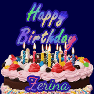 Happy Birthday Zerina GIF: A dark blue birthday gif with a beautiful cake with flickering candles, background sparkles and a name to customize.