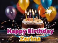 Happy Birthday Zerina GIF: A birthday cake with flickering candles gif with text reading Happy Birthday and a Name slot to customize