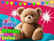 Happy Birthday Zerina GIF: A cute birthday teddy bear animated birthday gif with the bear holding sparklers and text to customize.