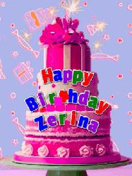Happy Birthday Zerina GIF: A big beautiful birthday cake gif with falling confetti, sparklers, and balloons, reads Happy Birthday Name. Customize it.