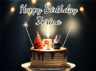 Happy Birthday Zerina GIF: Animated birthday cake gif with sparklers on a dark background. Personalize up to 3 lines of text.