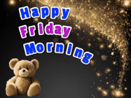 Happy Friday GIF, number 1: A cute teddy bear sits in corner of animated happy birthday gif with customized greeting. Sparklers and animated text.