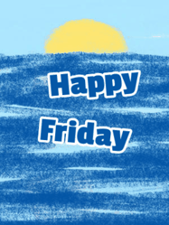 Happy Friday GIF, number 16: Happy birthday sharkt gif where he pops from the water and waves hello under a crayon sky. Customize 3 lines of text