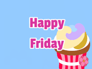 Happy Friday GIF, number 19: Cute kitty wishes a happy birthday name with a cupcake on its head. Customize the mesage, name, fonts, and colors.