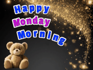 Happy Monday GIF, number 1: A cute teddy bear sits in corner of animated happy birthday gif with customized greeting. Sparklers and animated text.