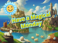 Happy Monday GIF, number 12: A cute sun rises over a magical oceanside scene and the dawn brightens with sparkles. Text reads Have a Magical Morning Customize.