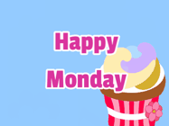 Happy Monday GIF, number 19: Cute kitty wishes a happy birthday name with a cupcake on its head. Customize the mesage, name, fonts, and colors.