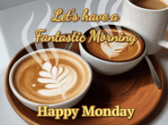 Happy Monday GIF, number 7: Two steaming lattes animated morning coffee gif that has three lines you can customize to share your coffee or gif with others