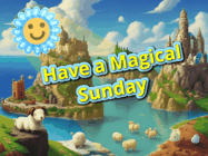 Happy Sunday GIF, number 12: A cute sun rises over a magical oceanside scene and the dawn brightens with sparkles. Text reads Have a Magical Morning Customize.