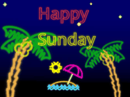 Happy Sunday GIF, number 30: Tropical neon birthday gif with palm trees, and pina colada, and neon text to personalize.