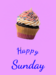 Happy Sunday GIF, number 4: Animated cupcake gif for birthday celebrations with fireworks and three lines of arc text reading happy birthday name