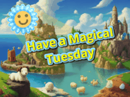 Happy Tuesday GIF, number 12: A cute sun rises over a magical oceanside scene and the dawn brightens with sparkles. Text reads Have a Magical Morning Customize.