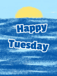 Happy Tuesday GIF, number 16: Happy birthday sharkt gif where he pops from the water and waves hello under a crayon sky. Customize 3 lines of text