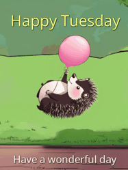 Happy Tuesday GIF, number 25: A cute cartoon gif: a hedgehog floating with a red balloon, text reading Good Morning. Customized with three lines of text.