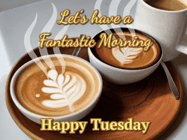 Happy Tuesday GIF, number 7: Two steaming lattes animated morning coffee gif that has three lines you can customize to share your coffee or gif with others