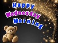 Happy Wednesday GIF, number 1: A cute teddy bear sits in corner of animated happy birthday gif with customized greeting. Sparklers and animated text.