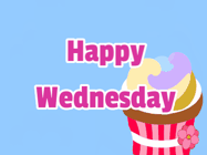 Happy Wednesday GIF, number 19: Cute kitty wishes a happy birthday name with a cupcake on its head. Customize the mesage, name, fonts, and colors.