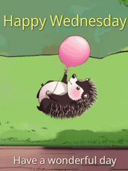 Happy Wednesday GIF, number 25: A cute cartoon gif: a hedgehog floating with a red balloon, text reading Good Morning. Customized with three lines of text.