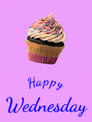 Happy Wednesday GIF, number 4: Animated cupcake gif for birthday celebrations with fireworks and three lines of arc text reading happy birthday name