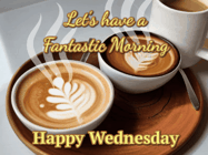 Happy Wednesday GIF, number 7: Two steaming lattes animated morning coffee gif that has three lines you can customize to share your coffee or gif with others