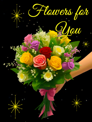 A flower bouquet in someone's hand reading 'Flowers for you' and retro styled stars turn on black background