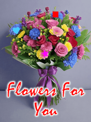 Animated 'flowers for you gif' with a bouquet of colorful roses & confetti made of hearts & stars falling through scene.