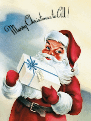 vintage christmas gif of Santa holding a giftbox