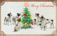 vintage christmas card gif with puppies and Christmas tree