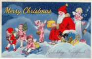 vintage christmas card gif Santa handing out gifts