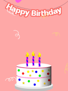Happy birthday animation with falling hearts over a white candy birthday cake and animated letters to personalize.
