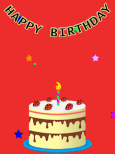 Happy Birthday GIF:Birthday GIF,cream cake,red background,hearts & stars