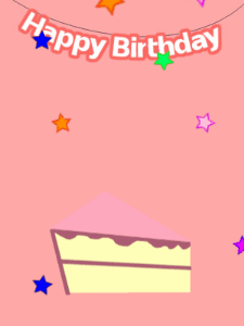 Happy Birthday GIF:Pink birthday GIF with a slice of cake and stars