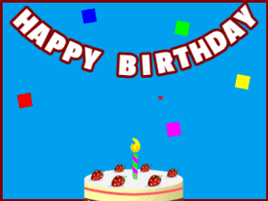 Happy Birthday GIF:A cream cake on blue with red border & falling hearts