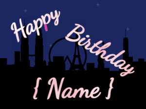 Happy Birthday GIF:City fireworks of beads. Fonts cursive & cursive, & a pink texture